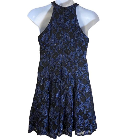 Nightway Glitter-Lace Keyhole Halter Cocktail Dress Navy Blue Black Lace Sz 12 - Picture 13 of 14